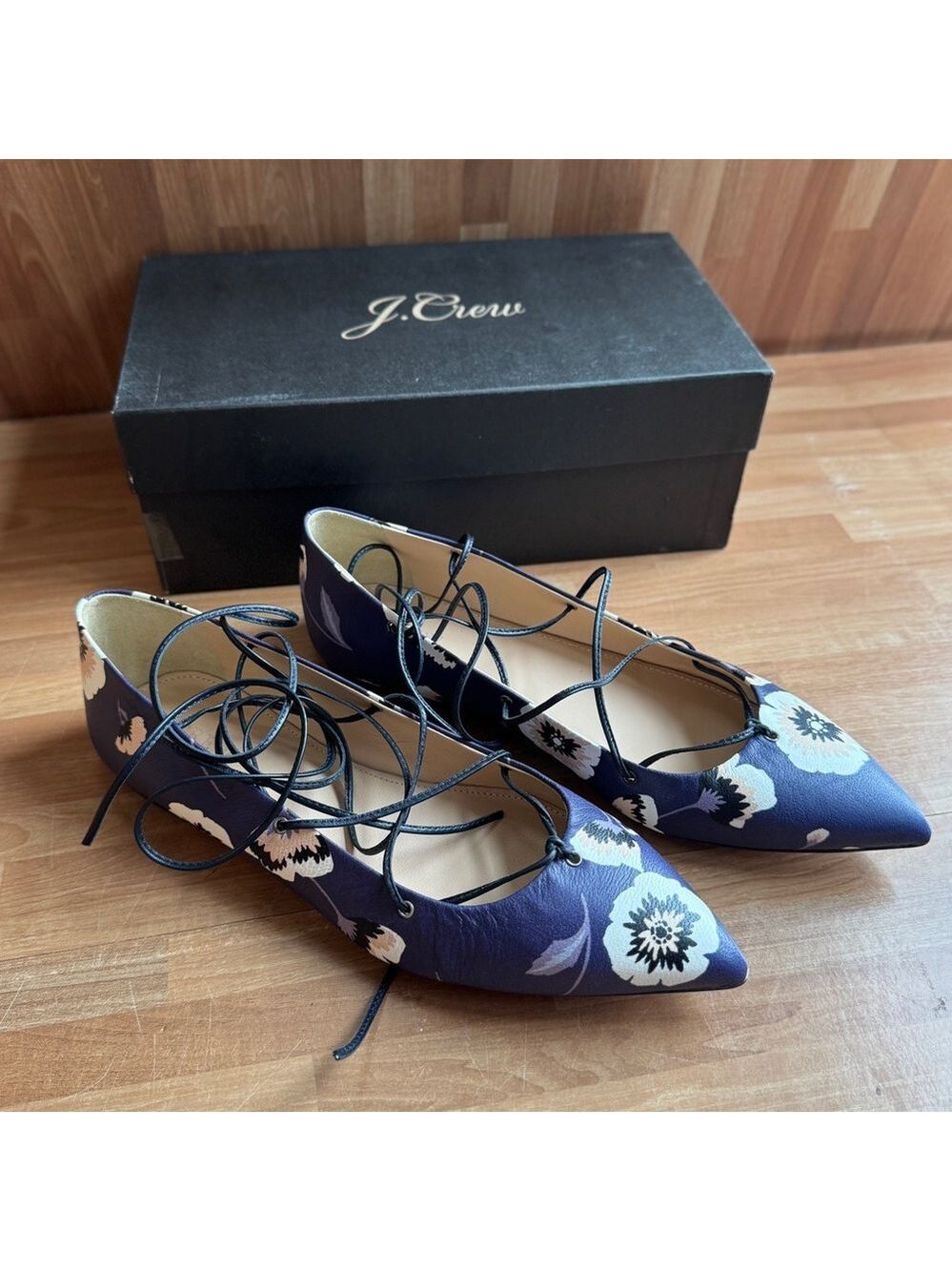 J.Crew leather lace-up ballet flats in the "Midnight Poppy" navy size 9 nwt